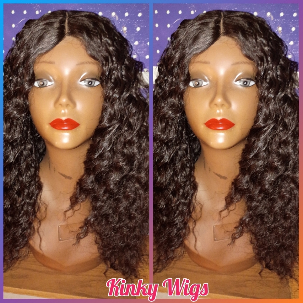 20" Jheri Curl Spiral Curly Glueless 2x6 Middle Part Human Blend Hair Wig